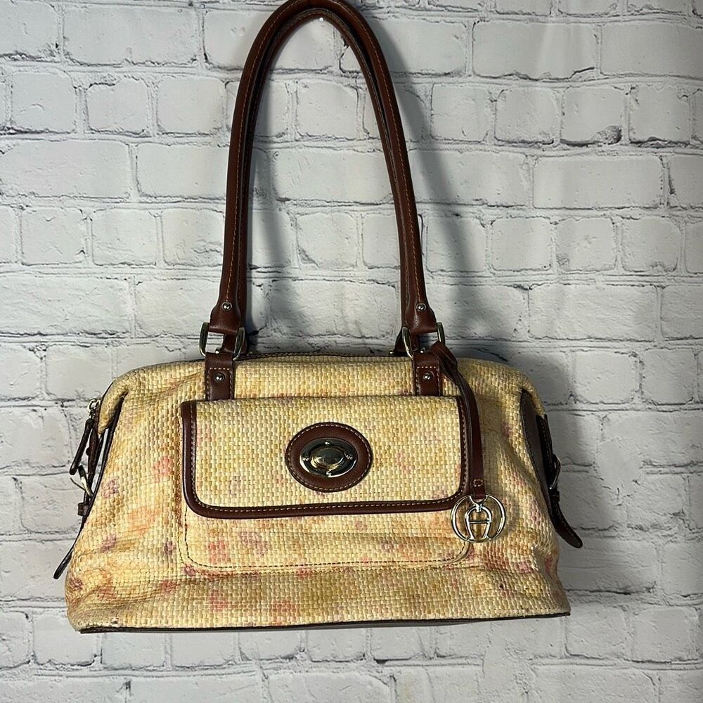 Etienne Aigner Lined Rattan Woven Maple Print Handbag Brown Faux Leather‎ Trim